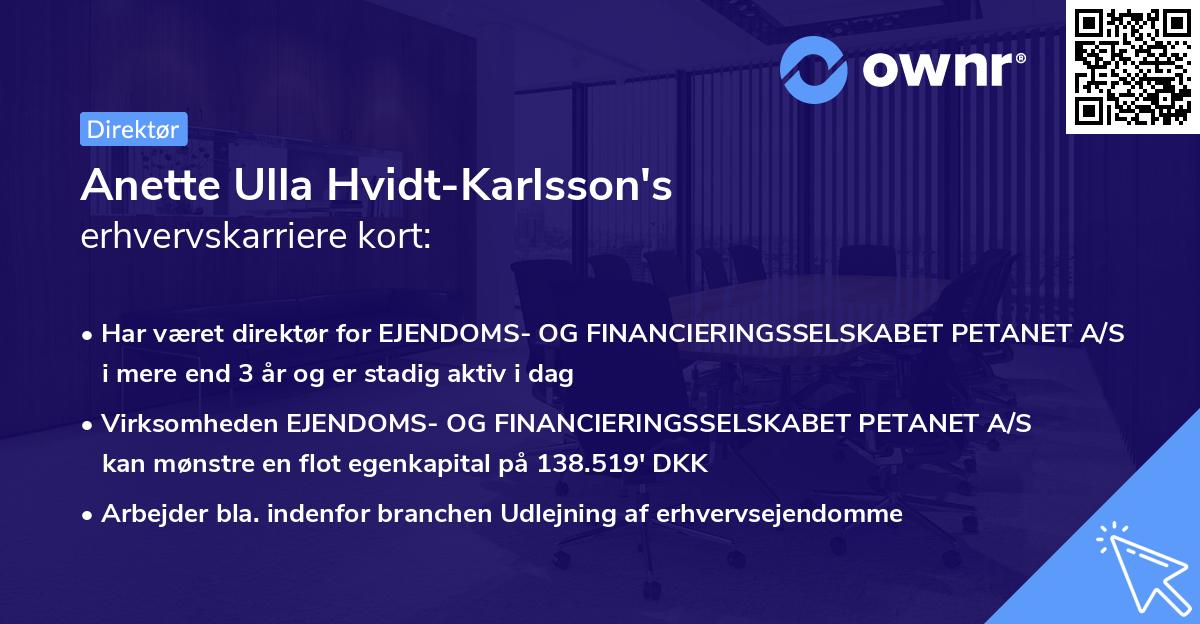 Anette Ulla Hvidt-Karlsson's erhvervskarriere kort