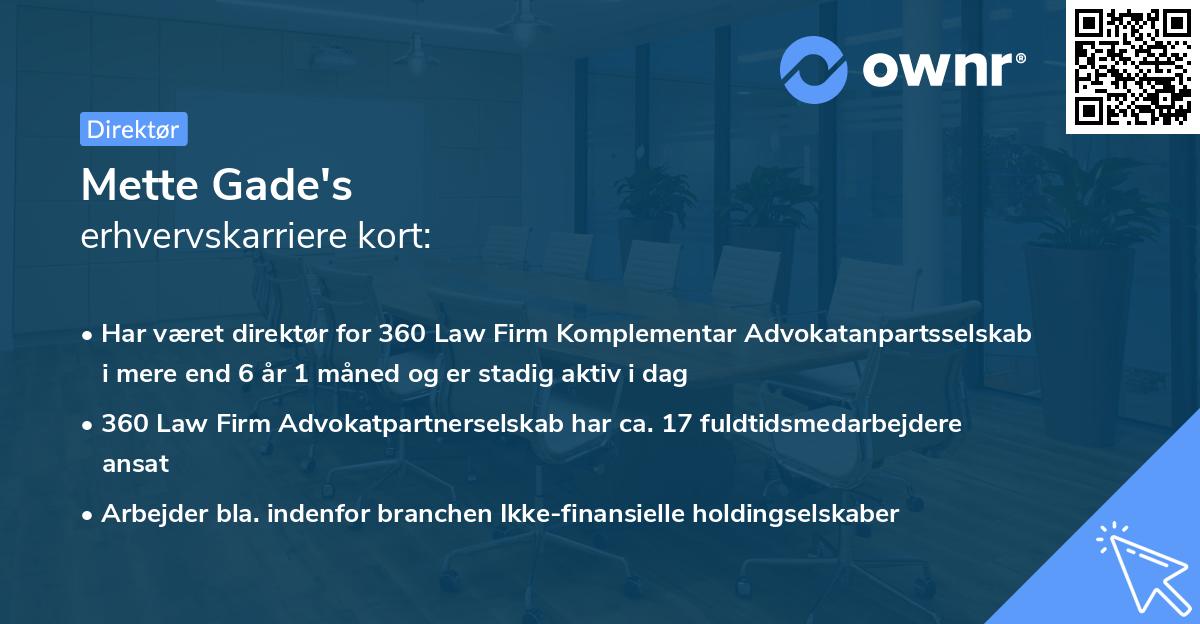 Mette Gade's erhvervskarriere kort