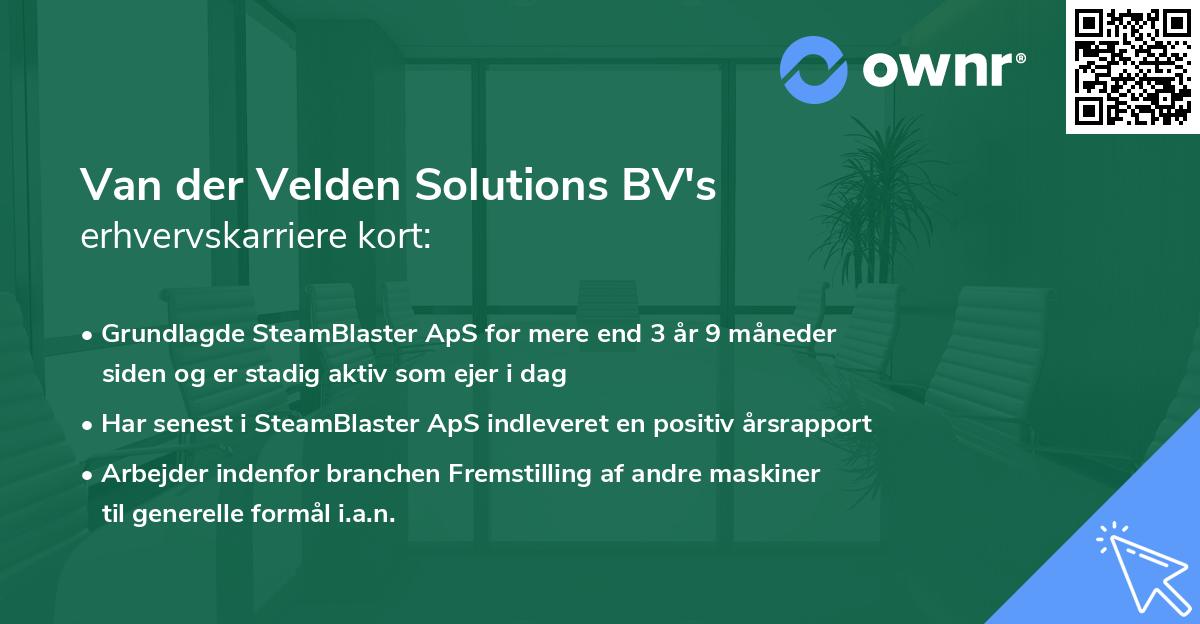 Van der Velden Solutions BV's erhvervskarriere kort