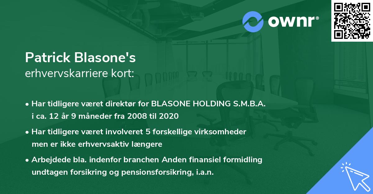 Patrick Blasone's erhvervskarriere kort