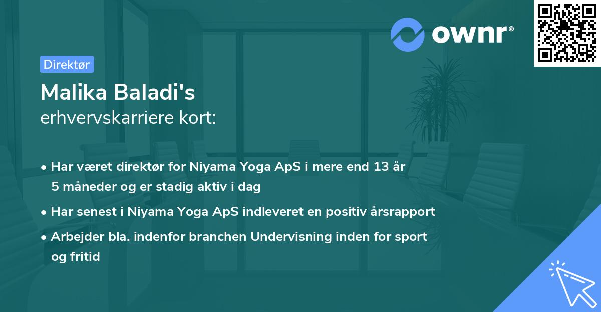 Malika Baladi's erhvervskarriere kort