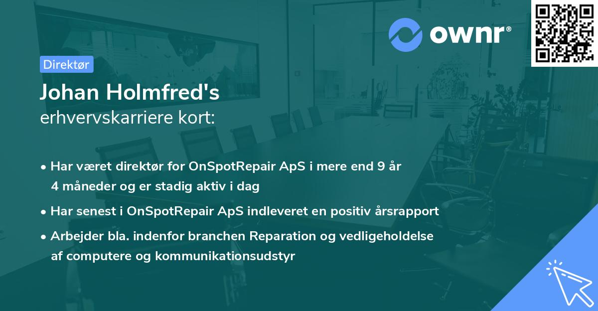 Johan Holmfred's erhvervskarriere kort