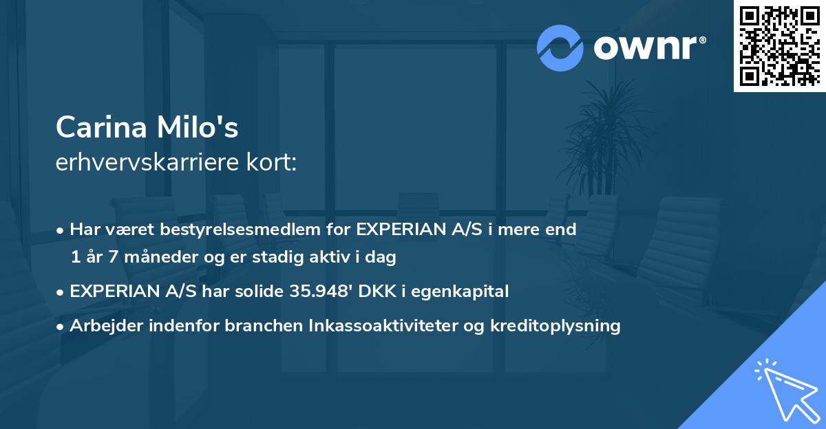 Carina Milo's erhvervskarriere kort