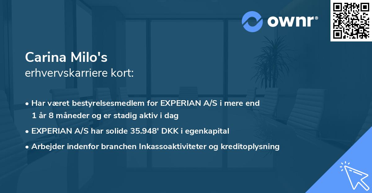 Carina Milo's erhvervskarriere kort