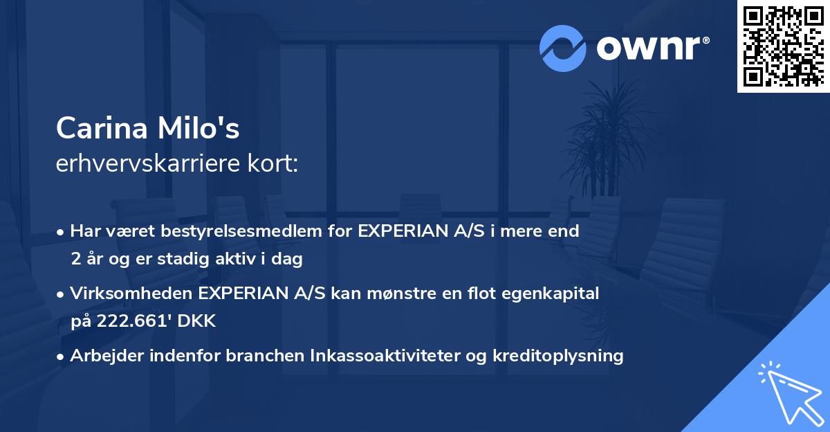 Carina Milo's erhvervskarriere kort