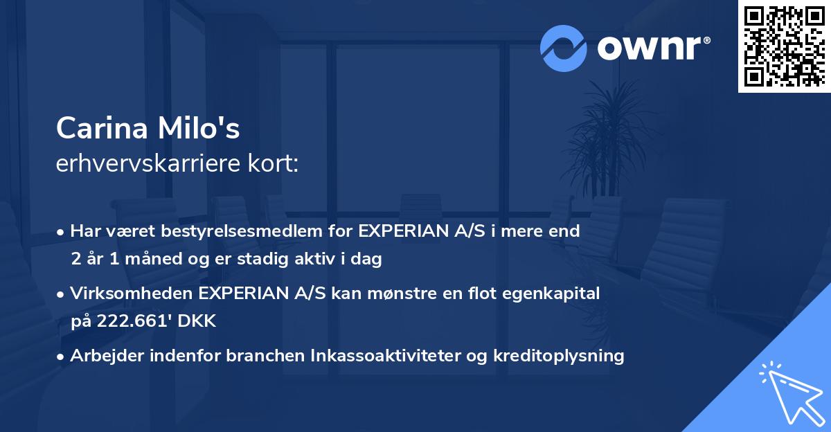 Carina Milo's erhvervskarriere kort