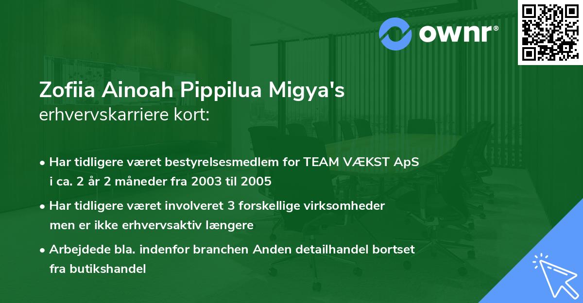 Zofiia Ainoah Pippilua Migya's erhvervskarriere kort