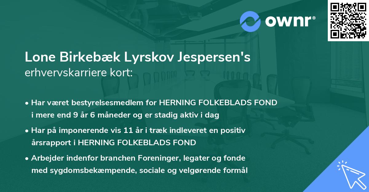 Lone Birkebæk Lyrskov Jespersen's erhvervskarriere kort