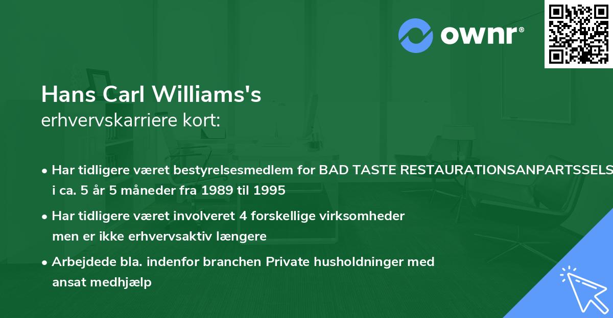 Hans Carl Williams's erhvervskarriere kort