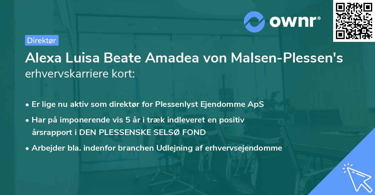 Alexa Luisa Beate Amadea von Malsen-Plessen's erhvervskarriere kort