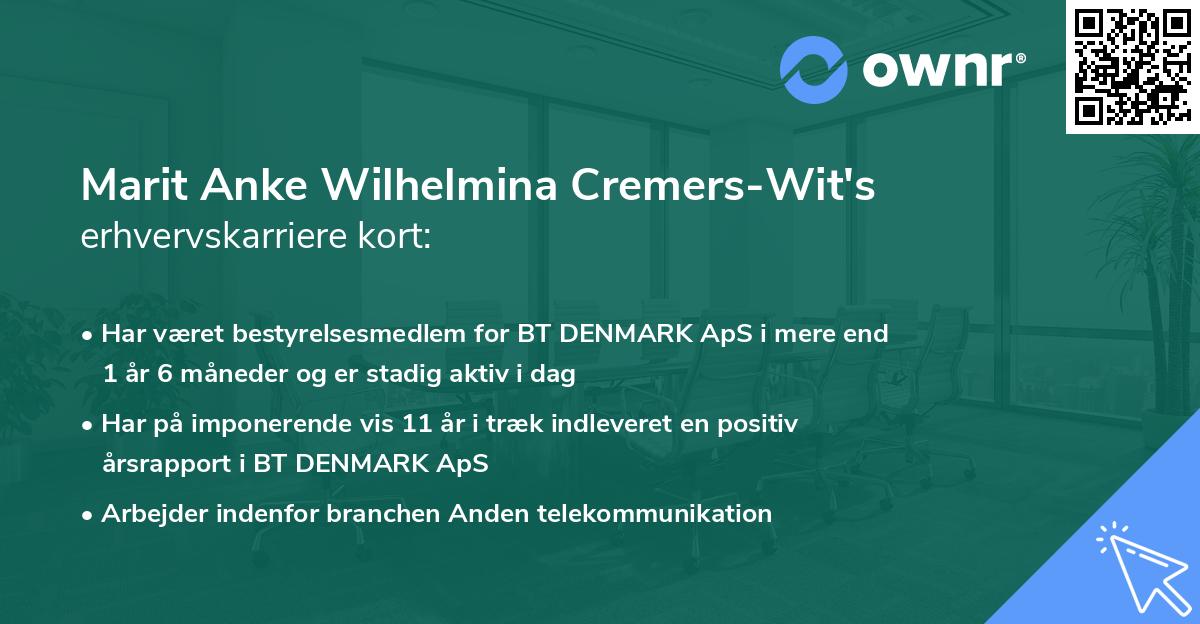 Marit Anke Wilhelmina Cremers-Wit's erhvervskarriere kort