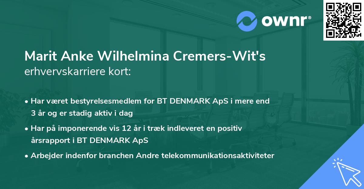 Marit Anke Wilhelmina Cremers-Wit's erhvervskarriere kort