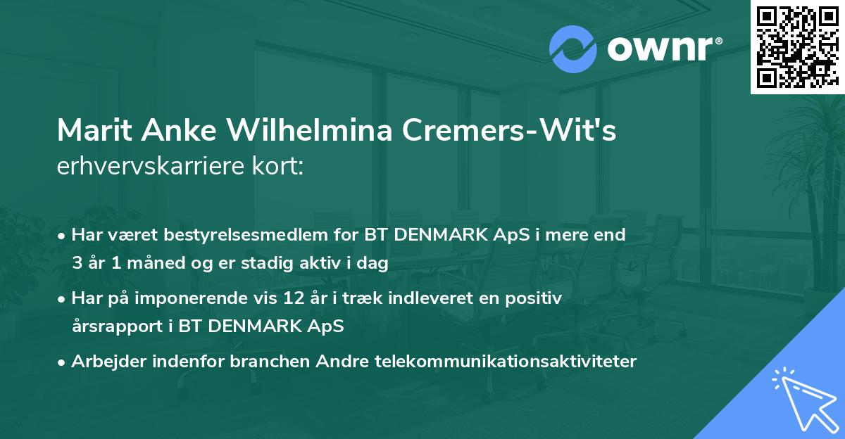 Marit Anke Wilhelmina Cremers-Wit's erhvervskarriere kort