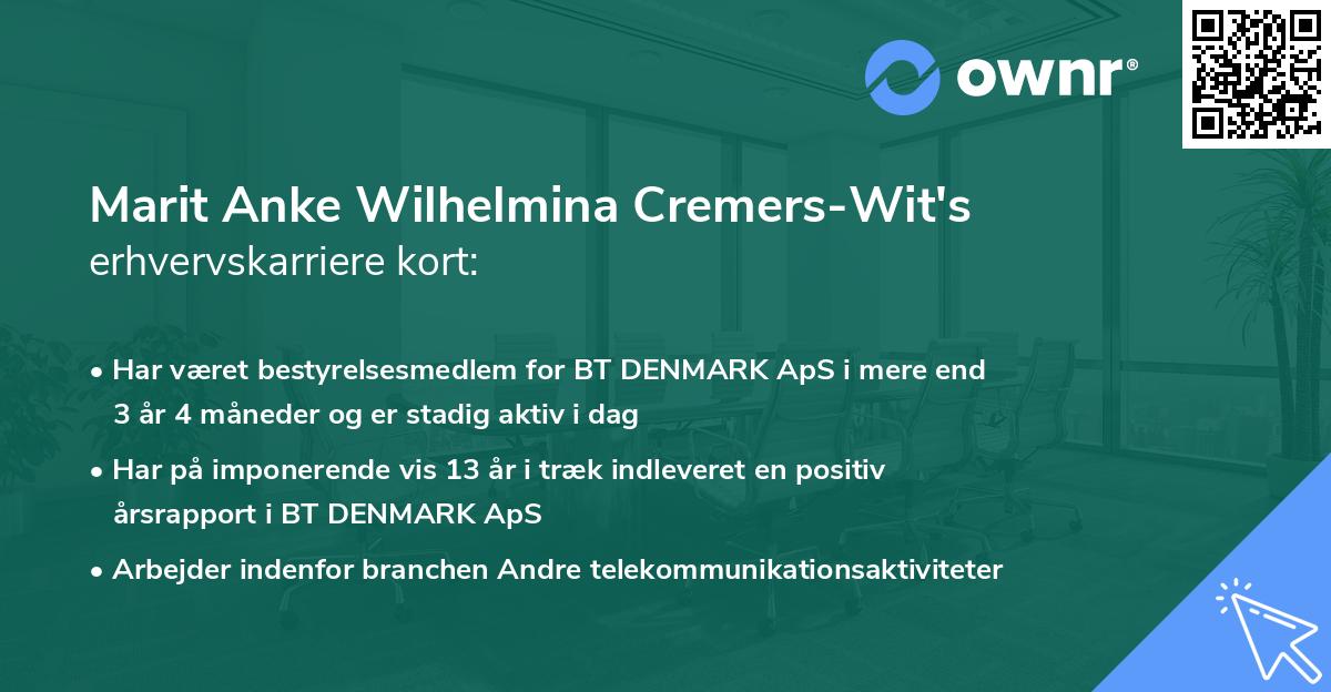 Marit Anke Wilhelmina Cremers-Wit's erhvervskarriere kort