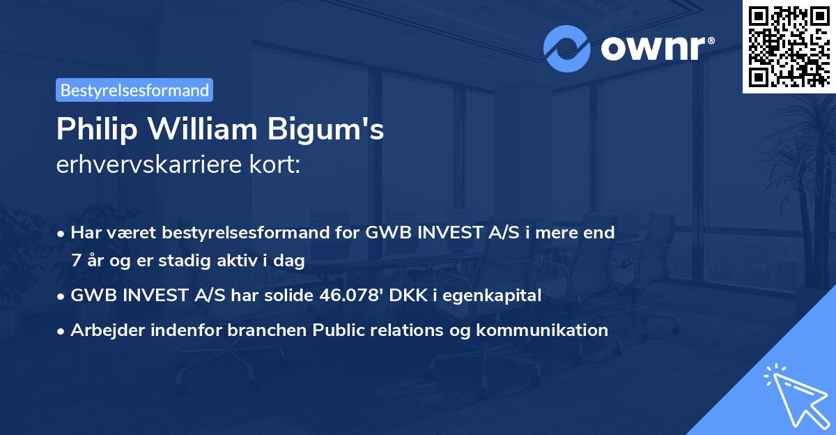 Philip William Bigum's erhvervskarriere kort