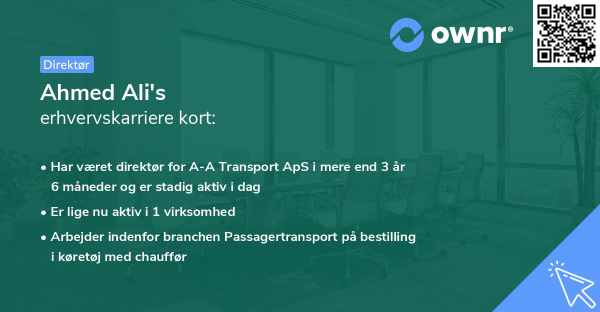 Ahmed Ali's erhvervskarriere kort