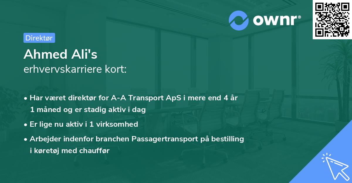 Ahmed Ali's erhvervskarriere kort