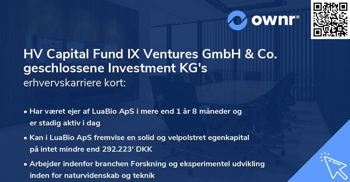 HV Capital Fund IX Ventures GmbH & Co. geschlossene Investment KG's erhvervskarriere kort