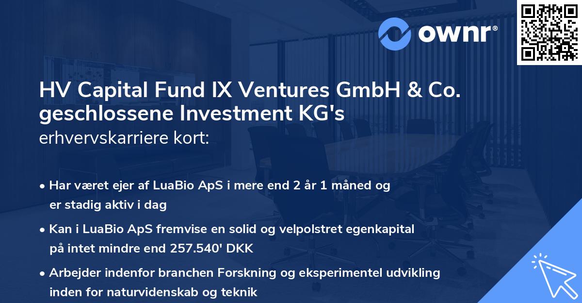 HV Capital Fund IX Ventures GmbH & Co. geschlossene Investment KG's erhvervskarriere kort