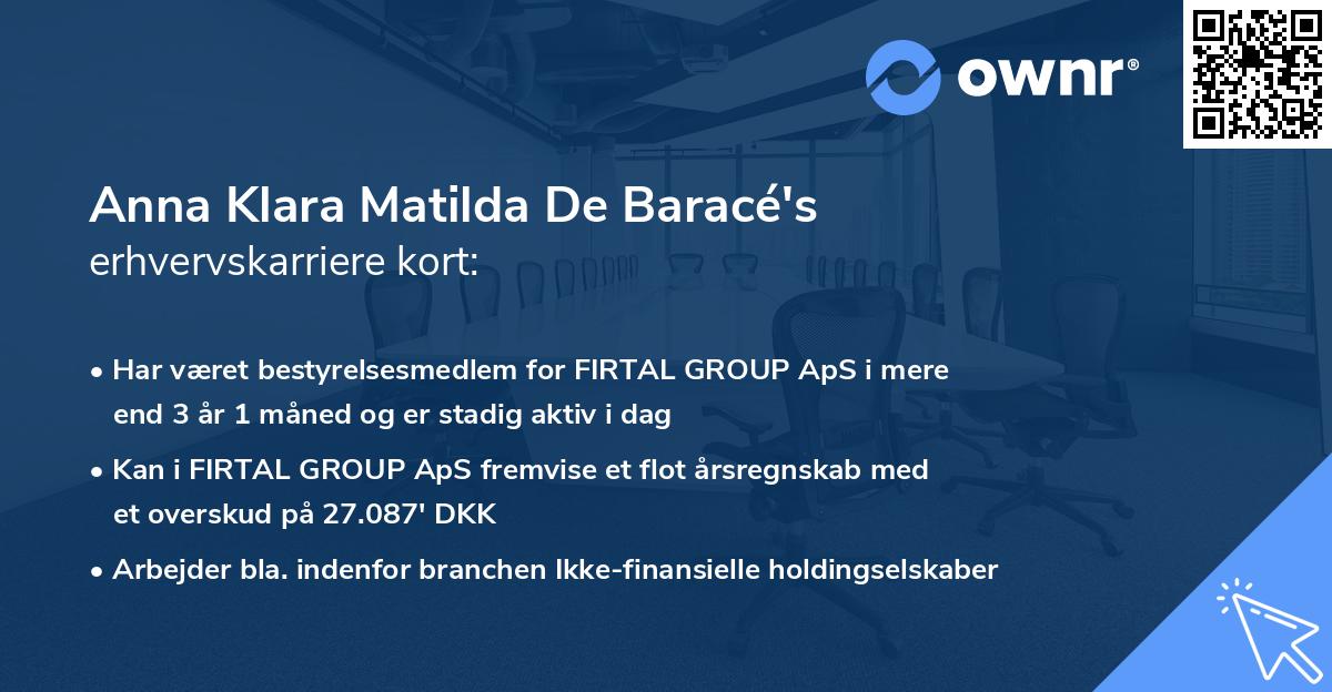 Anna Klara Matilda De Baracé's erhvervskarriere kort