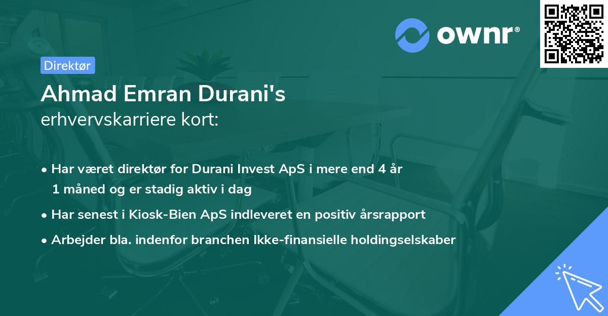 Ahmad Emran Durani's erhvervskarriere kort