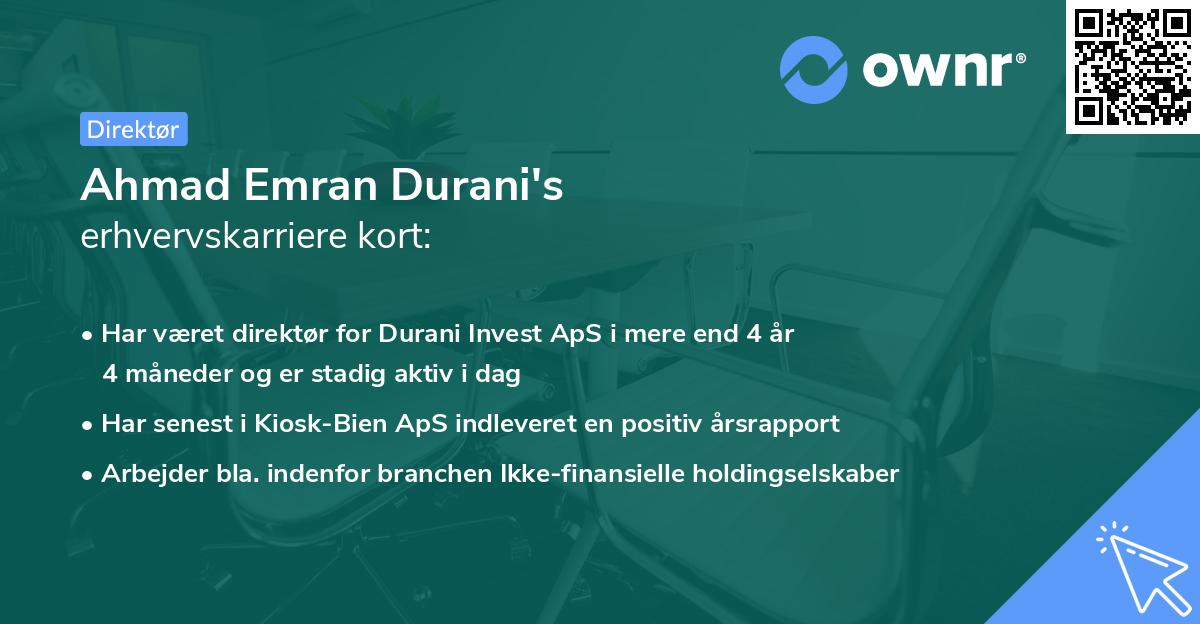 Ahmad Emran Durani's erhvervskarriere kort