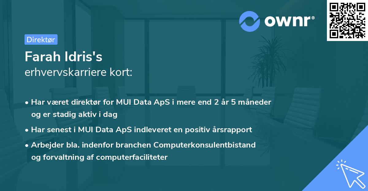 Farah Idris's erhvervskarriere kort