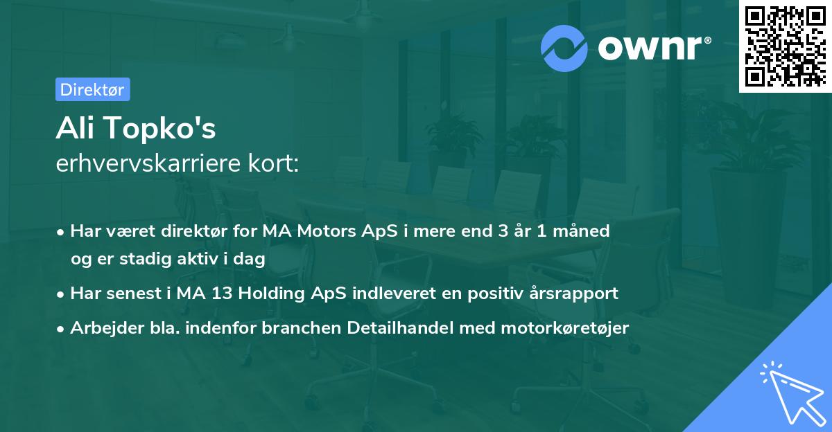 Ali Topko's erhvervskarriere kort