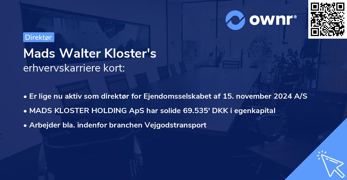 Mads Walter Kloster's erhvervskarriere kort