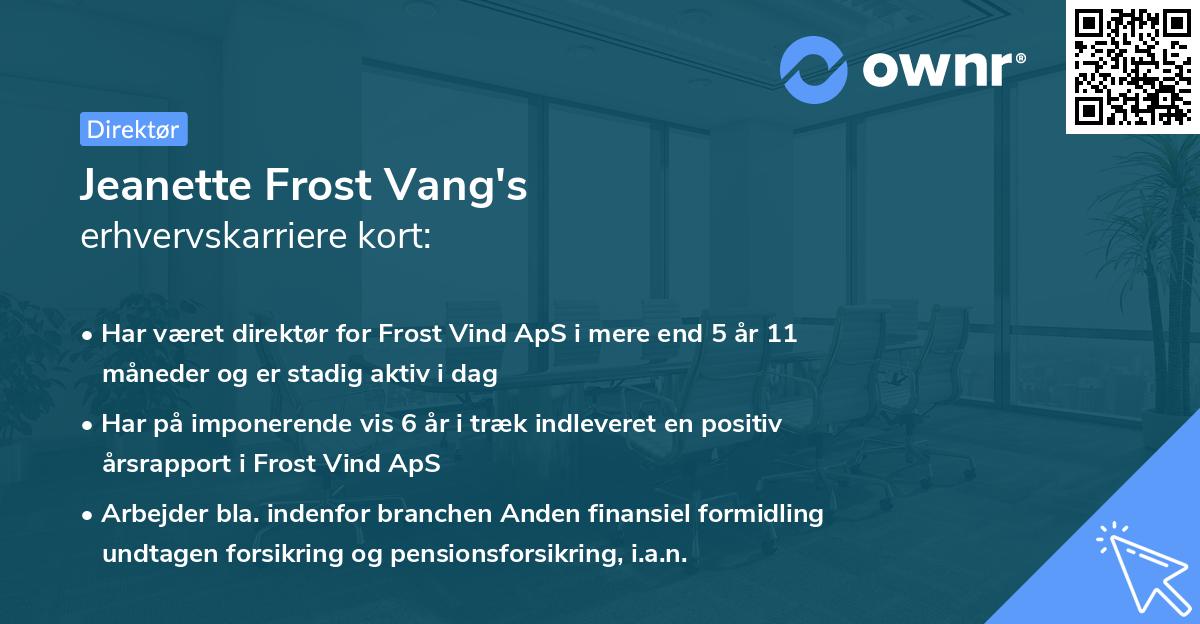 Jeanette Frost Vang's erhvervskarriere kort