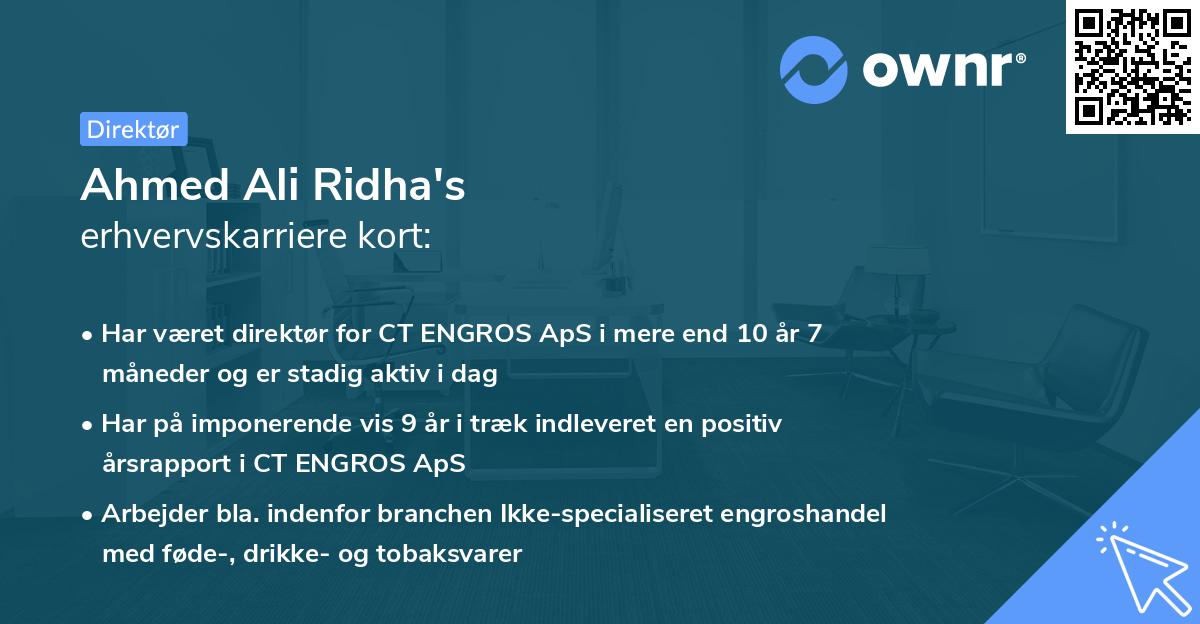 Ahmed Ali Ridha's erhvervskarriere kort