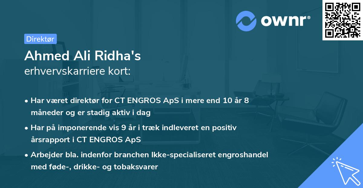 Ahmed Ali Ridha's erhvervskarriere kort
