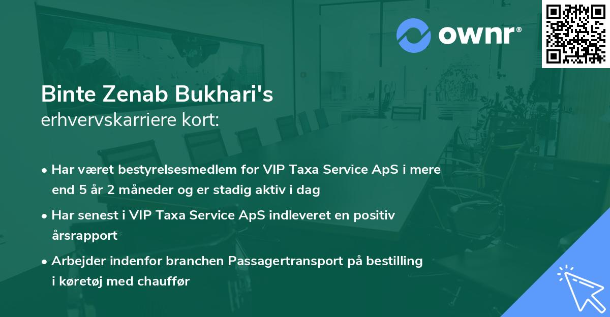 Binte Zenab Bukhari's erhvervskarriere kort