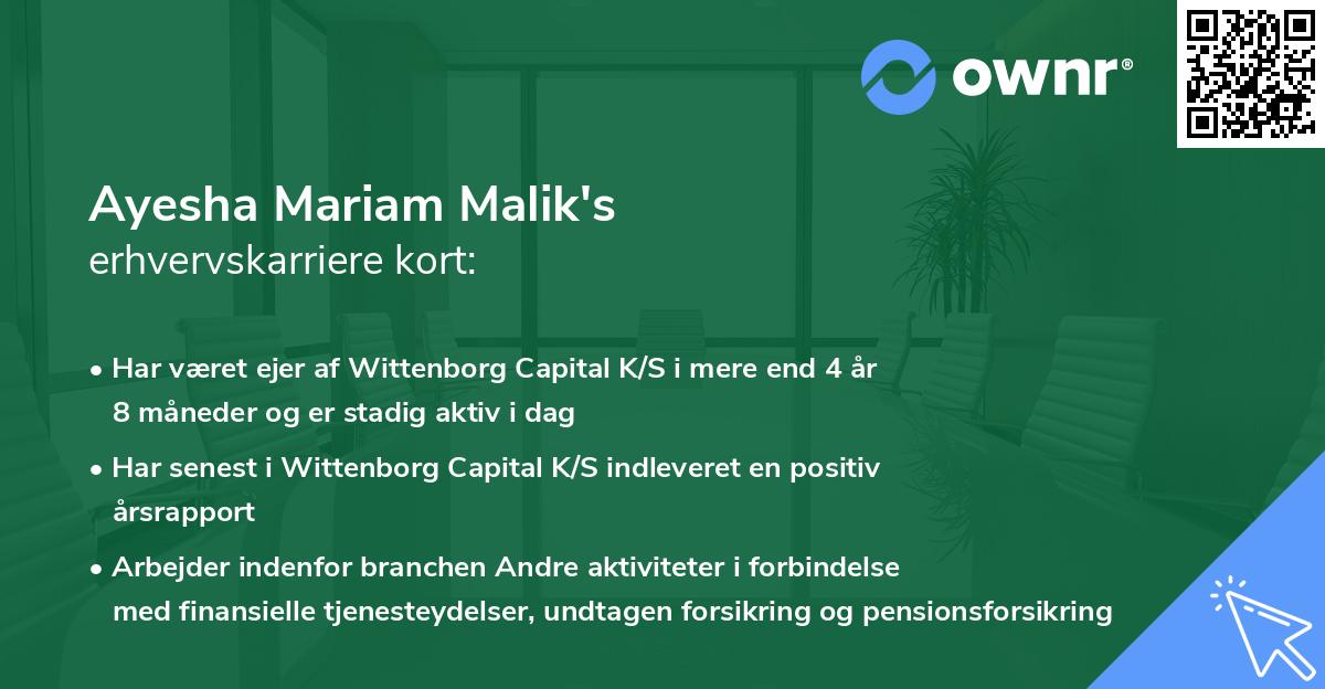 Ayesha Mariam Malik's erhvervskarriere kort