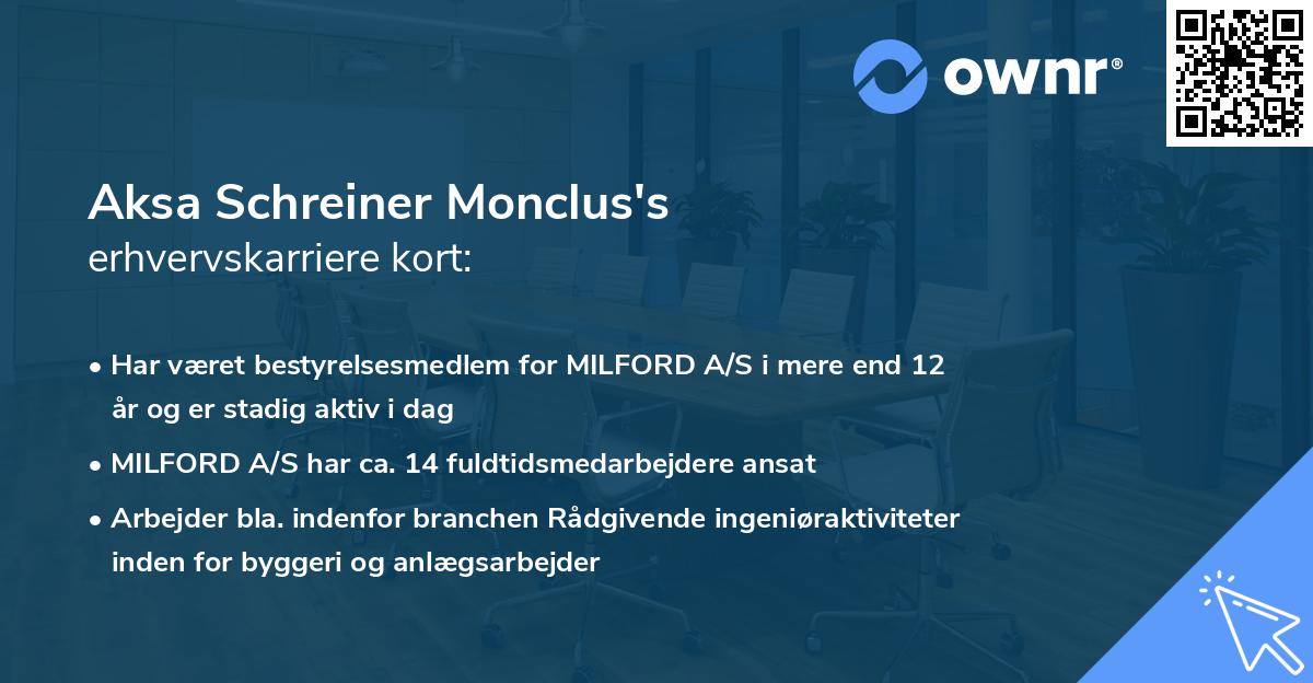 Aksa Schreiner Monclus's erhvervskarriere kort