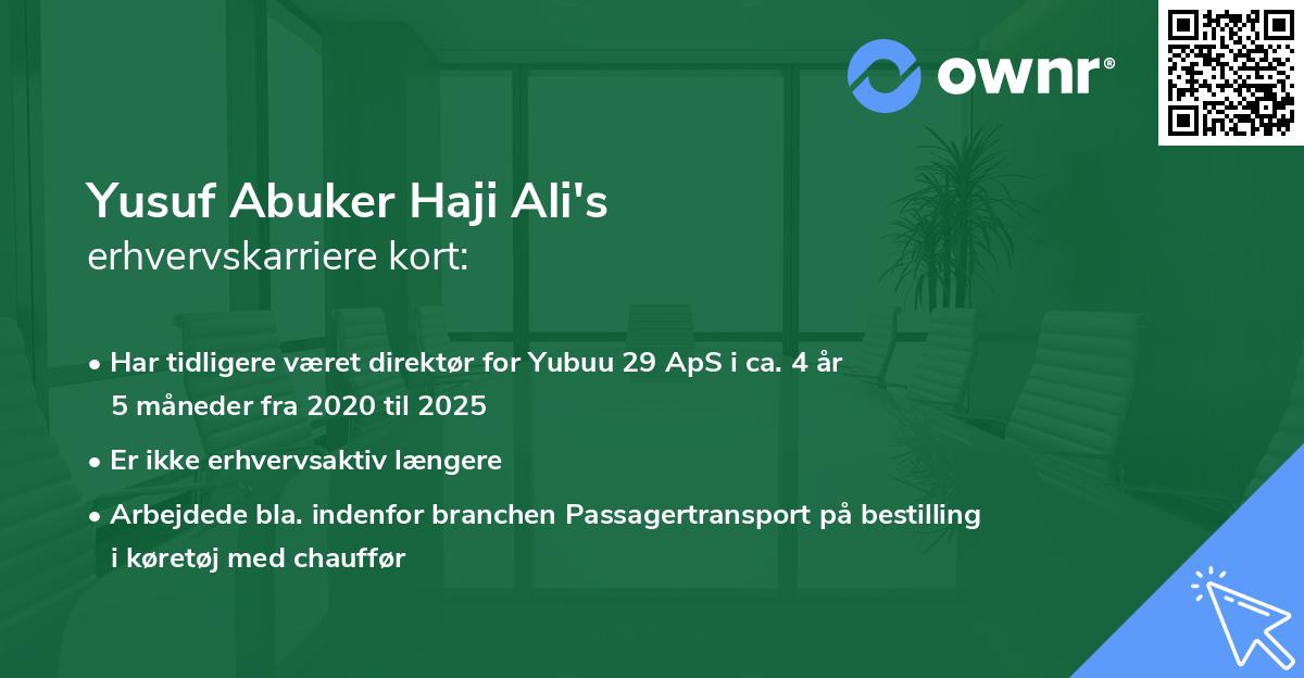 Yusuf Abuker Haji Ali's erhvervskarriere kort