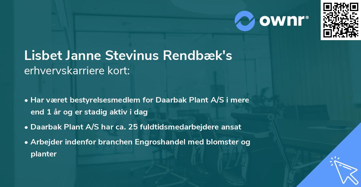 Lisbet Janne Stevinus Rendbæk's erhvervskarriere kort