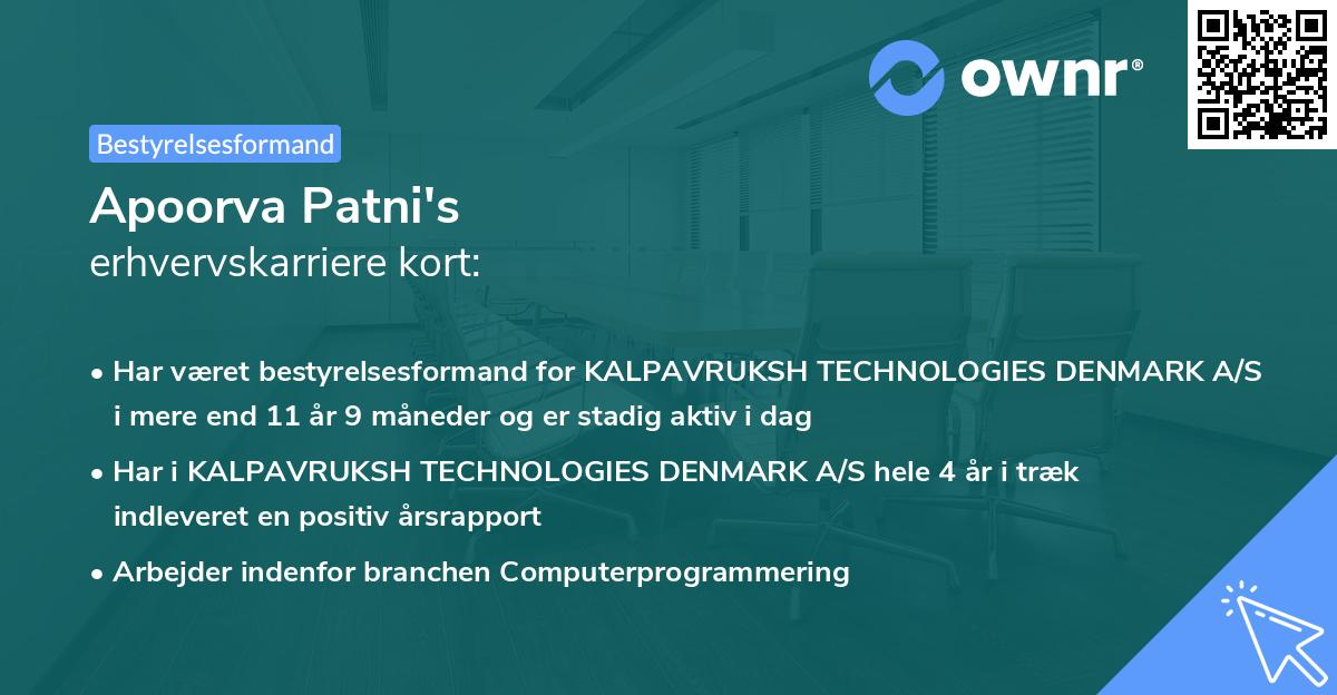 Apoorva Patni's erhvervskarriere kort