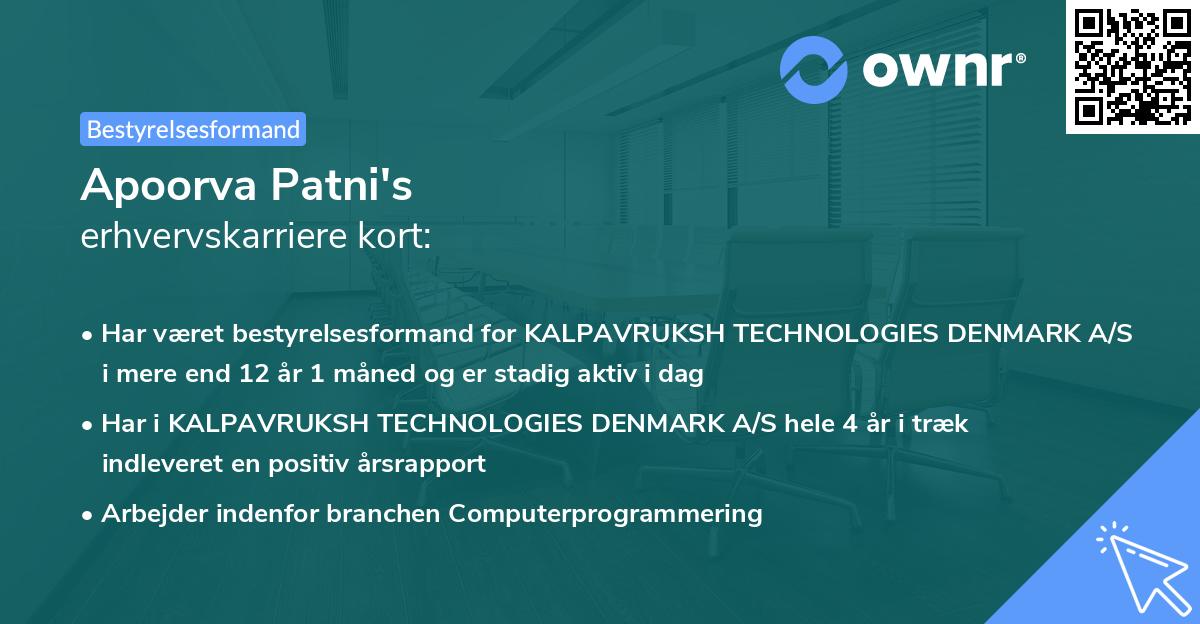 Apoorva Patni's erhvervskarriere kort