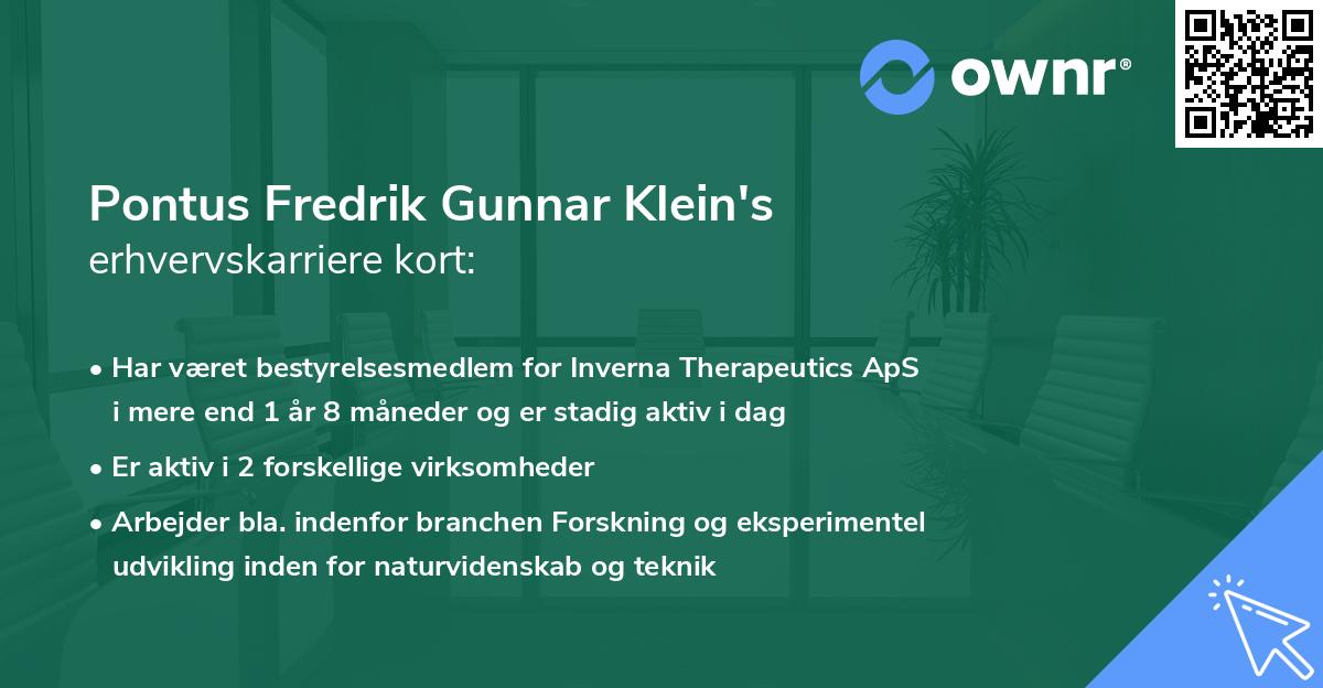 Pontus Fredrik Gunnar Klein's erhvervskarriere kort