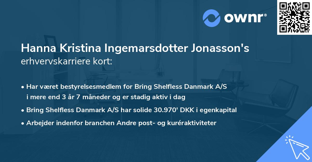 Hanna Kristina Ingemarsdotter Jonasson's erhvervskarriere kort