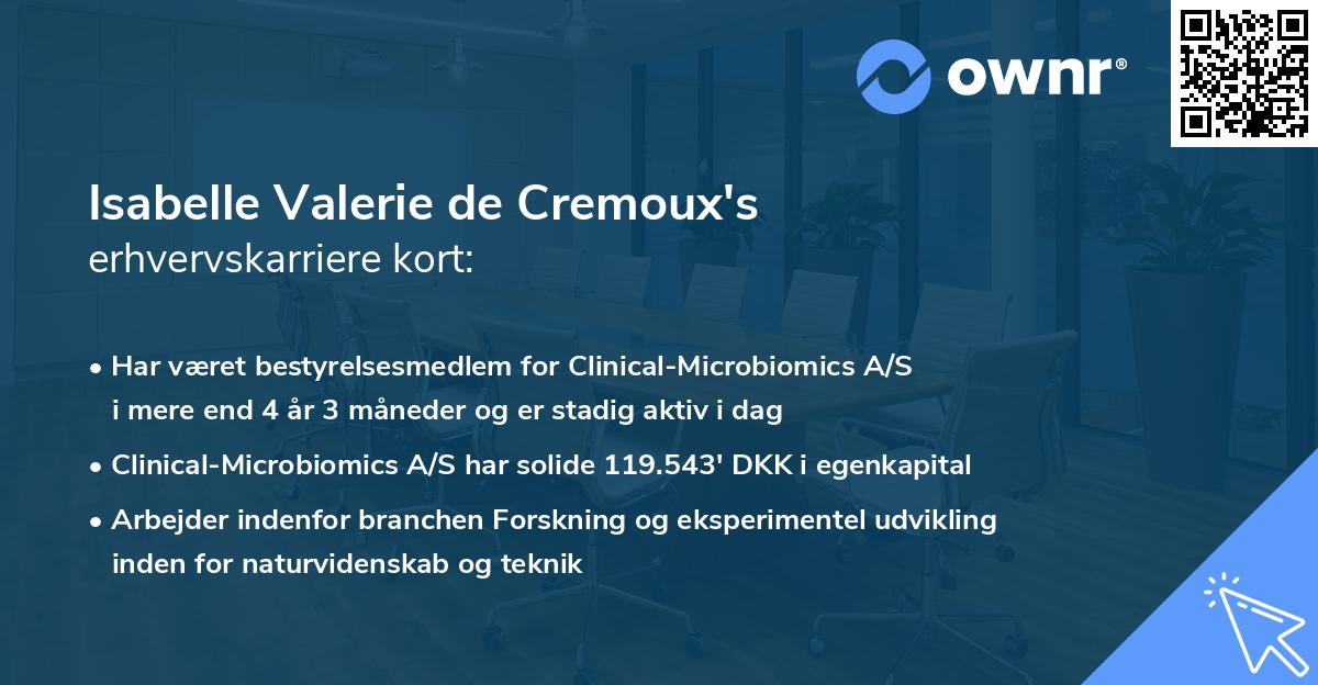 Isabelle Valerie de Cremoux's erhvervskarriere kort