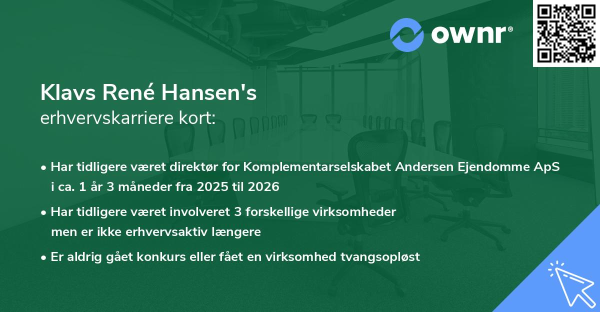 Klavs René Hansen's erhvervskarriere kort