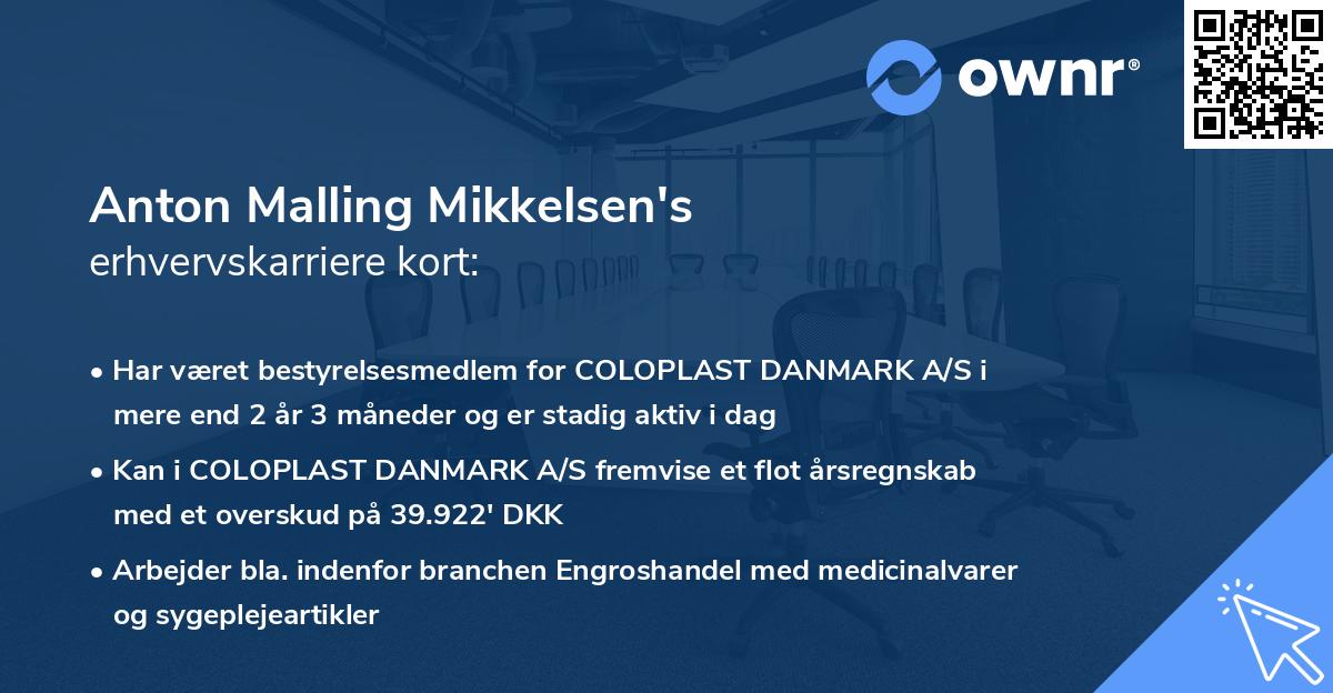 Anton Malling Mikkelsen's erhvervskarriere kort