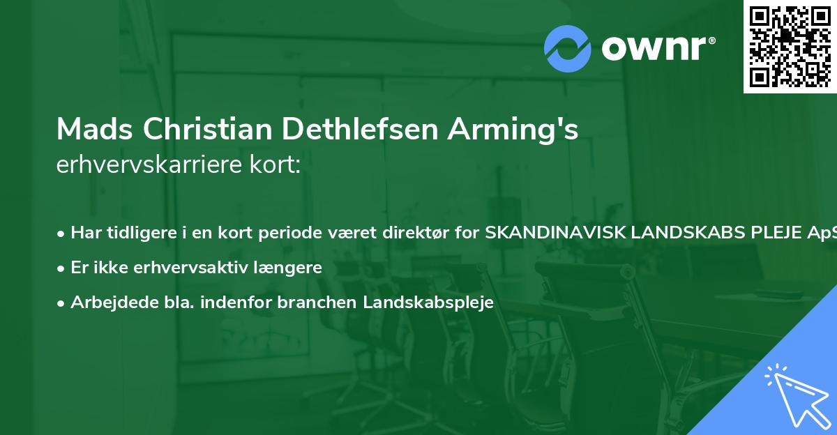 Mads Christian Dethlefsen Arming's erhvervskarriere kort