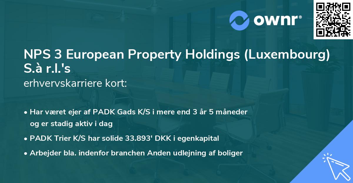 NPS 3 European Property Holdings (Luxembourg) S.à r.l.'s erhvervskarriere kort