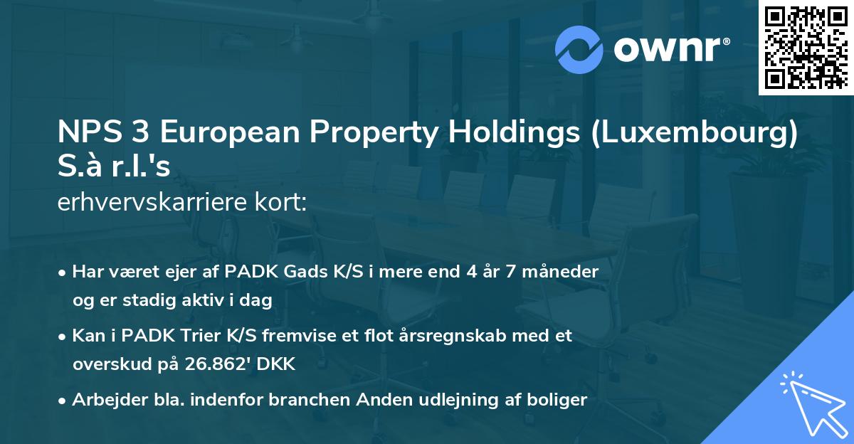 NPS 3 European Property Holdings (Luxembourg) S.à r.l.'s erhvervskarriere kort
