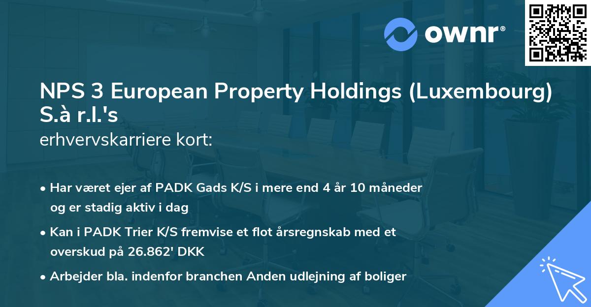 NPS 3 European Property Holdings (Luxembourg) S.à r.l.'s erhvervskarriere kort