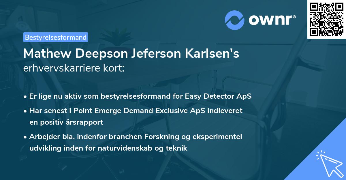 Mathew Deepson Jeferson Karlsen's erhvervskarriere kort