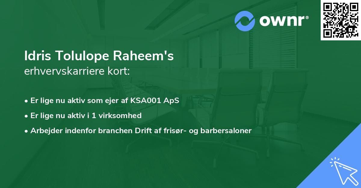Idris Tolulope Raheem's erhvervskarriere kort